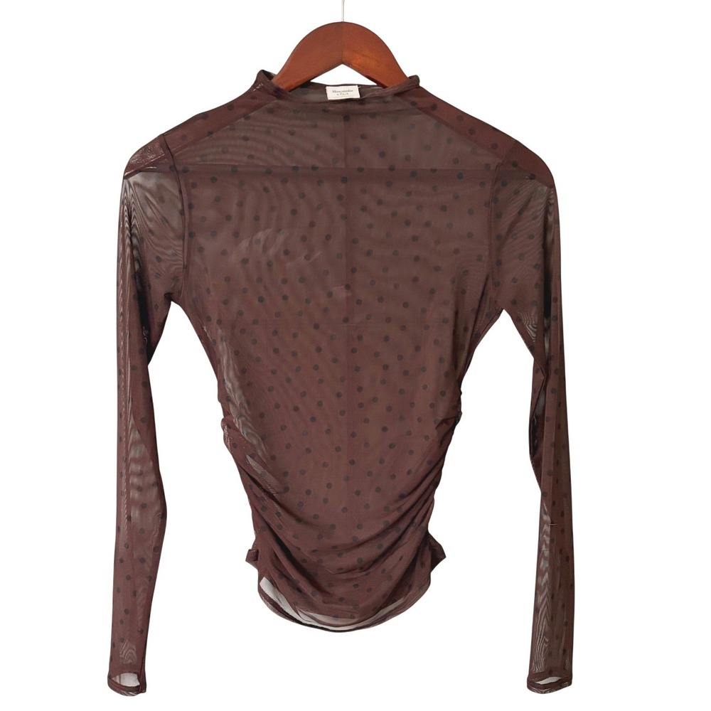 Abercrombie & Fitch Brown Polka Dot Mesh Ruched Mock Neck Top XS Long Sleeve